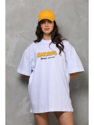 Unisex Bisiklet Yaka Baskılı Oversize T-Shirt - Beyaz