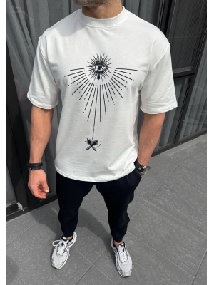 Unisex Bisiklet Yaka Baskılı Oversize T-Shirt - Beyaz