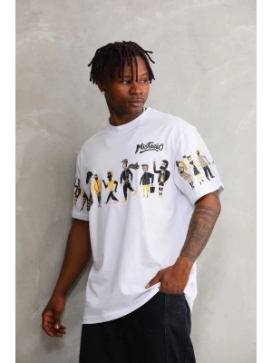 Unisex Bisiklet Yaka Baskılı Oversize T-Shirt - Beyaz