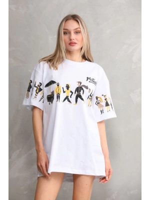 Unisex Bisiklet Yaka Baskılı Oversize T-Shirt - Beyaz