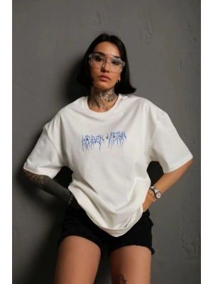 Unisex Bisiklet Yaka Baskılı Oversize T-Shirt - Beyaz