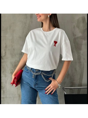 Unisex Bisiklet Yaka Baskılı Oversize T-Shirt - Beyaz