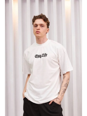 Unisex Bisiklet Yaka Baskılı Oversize T-Shirt - Beyaz