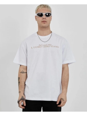 Unisex Bisiklet Yaka Baskılı Oversize T-Shirt - Beyaz