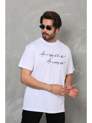 Unisex Bisiklet Yaka Baskılı Oversize T-Shirt - Beyaz
