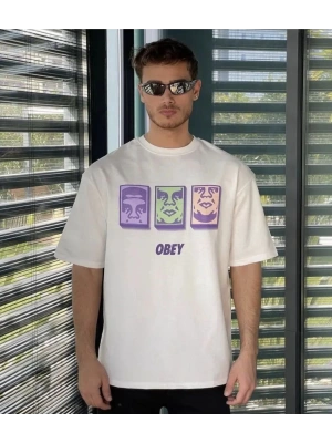 Unisex Bisiklet Yaka Baskılı Oversize T-Shirt - Beyaz