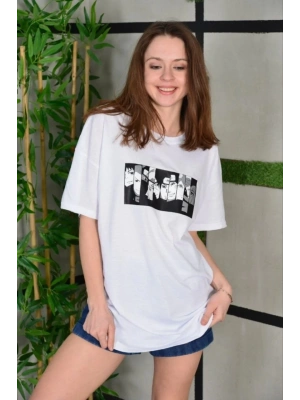 Unisex Bisiklet Yaka Baskılı Oversize T-Shirt - Beyaz