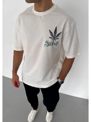 Unisex Bisiklet Yaka Baskılı Oversize T-Shirt - Beyaz