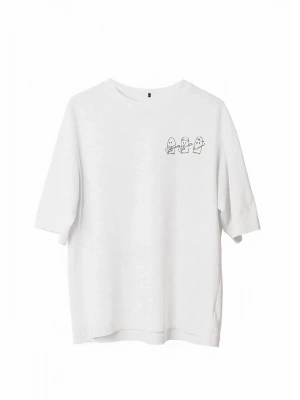 Unisex Bisiklet Yaka Baskılı Oversize T-Shirt - Beyaz