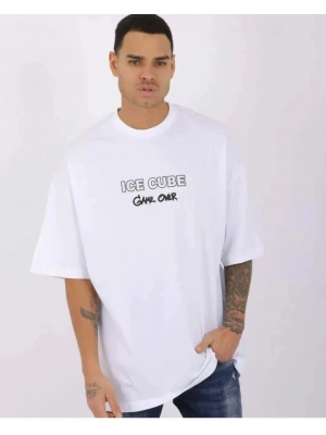 Unisex Bisiklet Yaka Baskılı Oversize T-Shirt - Beyaz