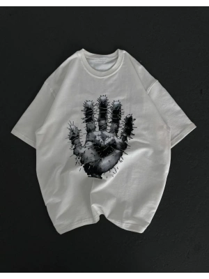 Unisex Bisiklet Yaka Baskılı Oversize T-Shirt - Beyaz