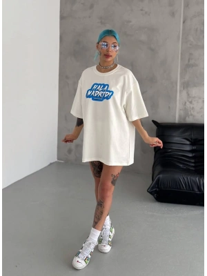 Unisex Bisiklet Yaka Baskılı Oversize T-Shirt - Beyaz
