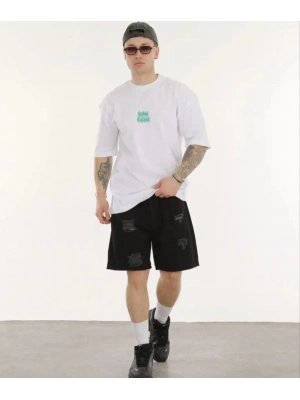 Unisex Bisiklet Yaka Baskılı Oversize T-Shirt - Beyaz