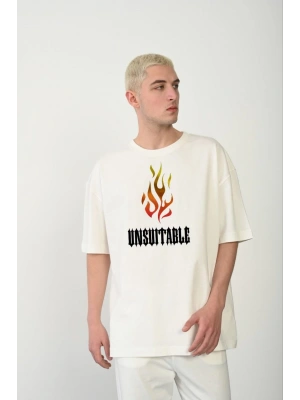 Unisex Bisiklet Yaka Baskılı Oversize T-Shirt - Beyaz