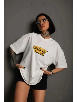 Unisex Bisiklet Yaka Baskılı Oversize T-Shirt - Beyaz