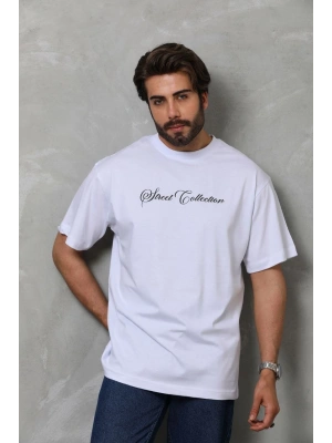 Unisex Bisiklet Yaka Baskılı Oversize T-Shirt - Beyaz