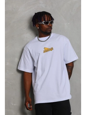 Unisex Bisiklet Yaka Baskılı Oversize T-Shirt - Beyaz