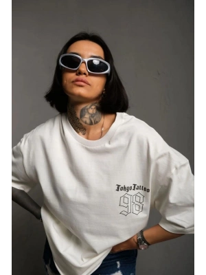 Unisex Bisiklet Yaka Baskılı Oversize T-Shirt - Beyaz