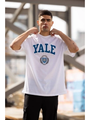 Unisex Bisiklet Yaka Baskılı Oversize T-Shirt - Beyaz