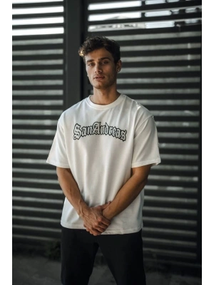 Unisex Bisiklet Yaka Baskılı Oversize T-Shirt - Beyaz