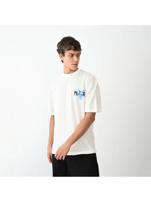 Unisex Bisiklet Yaka Baskılı Oversize T-Shirt - Beyaz