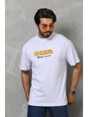 Unisex Bisiklet Yaka Baskılı Oversize T-Shirt - Beyaz