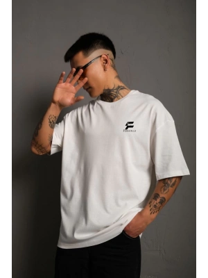 Unisex Bisiklet Yaka Baskılı Oversize T-Shirt - Beyaz