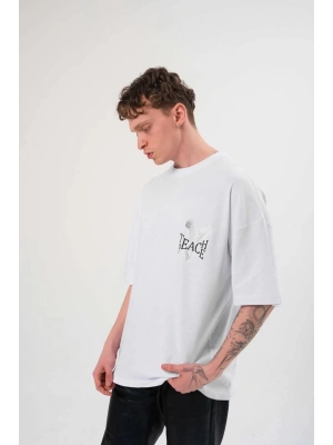 Unisex Bisiklet Yaka Baskılı Oversize T-Shirt - Beyaz