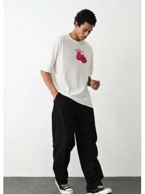 Unisex Bisiklet Yaka Baskılı Oversize T-Shirt - Beyaz