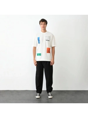 Unisex Bisiklet Yaka Baskılı Oversize T-Shirt - Beyaz