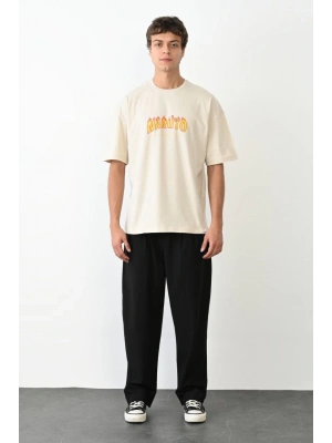 Unisex Bisiklet Yaka Baskılı Oversize T-Shirt - Beyaz