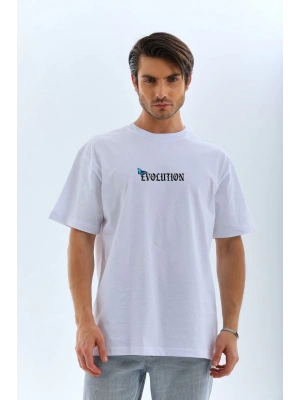 Unisex Bisiklet Yaka Baskılı Oversize T-Shirt - Beyaz