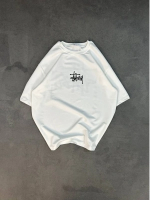Unisex Bisiklet Yaka Baskılı Oversize T-Shirt - Beyaz