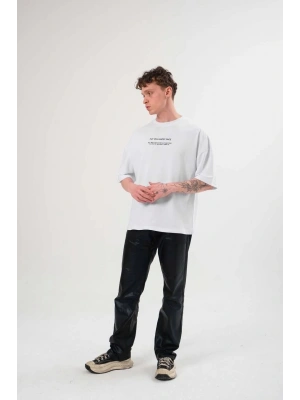 Unisex Bisiklet Yaka Baskılı Oversize T-Shirt - Beyaz