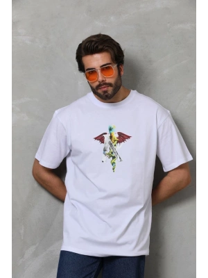 Unisex Bisiklet Yaka Baskılı Oversize T-Shirt - Beyaz