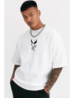 Unisex Bisiklet Yaka Baskılı Oversize T-Shirt - Beyaz