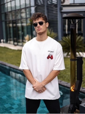 Unisex Bisiklet Yaka Baskılı Oversize T-Shirt - Beyaz