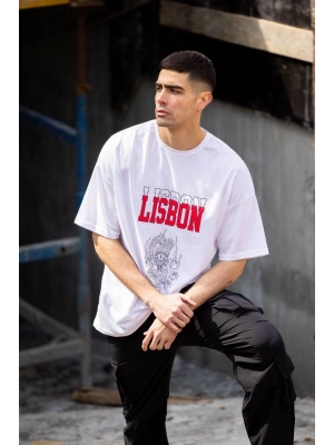 Unisex Bisiklet Yaka Baskılı Oversize T-Shirt - Beyaz