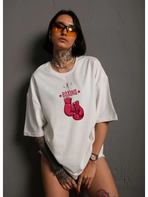 Unisex Bisiklet Yaka Baskılı Oversize T-Shirt - Beyaz