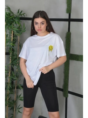 Unisex Bisiklet Yaka Baskılı Oversize T-Shirt - Beyaz