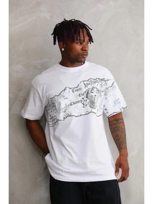 Unisex Bisiklet Yaka Baskılı Oversize T-Shirt - Beyaz