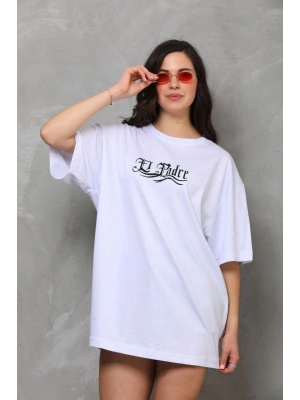 Unisex Bisiklet Yaka Baskılı Oversize T-Shirt - Beyaz