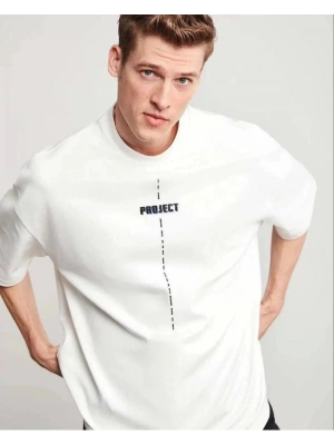 Unisex Bisiklet Yaka Baskılı Oversize T-Shirt - Beyaz