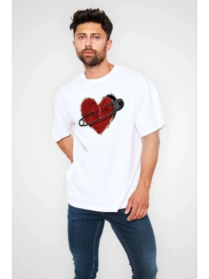 Unisex Bisiklet Yaka Baskılı Oversize T-Shirt - Beyaz