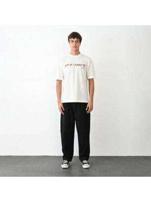 Unisex Bisiklet Yaka Baskılı Oversize T-Shirt - Beyaz