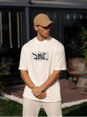 Unisex Bisiklet Yaka Baskılı Oversize T-Shirt - Beyaz