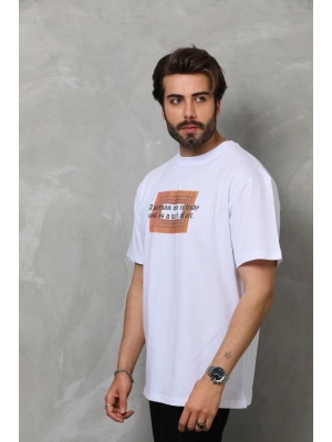 Unisex Bisiklet Yaka Baskılı Oversize T-Shirt - Beyaz