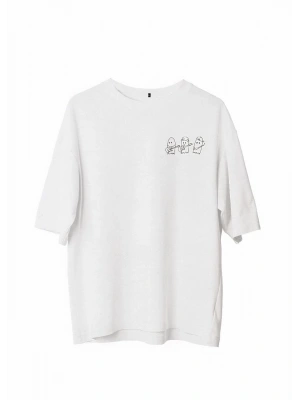 Unisex Bisiklet Yaka Baskılı Oversize T-Shirt - Beyaz