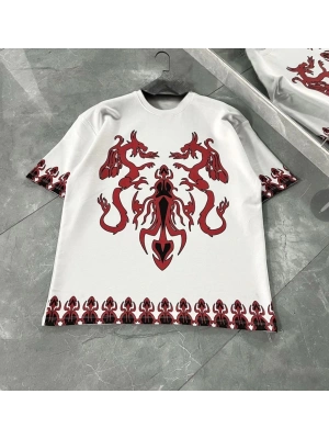 Unisex Bisiklet Yaka Baskılı Oversize T-Shirt - Beyaz