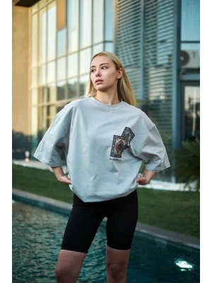 Unisex Bisiklet Yaka Baskılı Oversize T-Shirt - Boyalı Gri